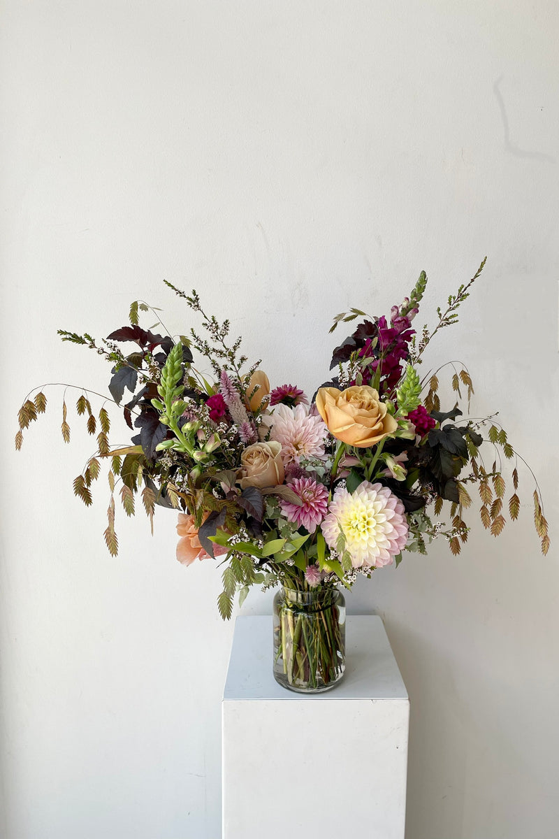 A custom Sprout Home arrangement in October in a Dusk style featuring dahlias