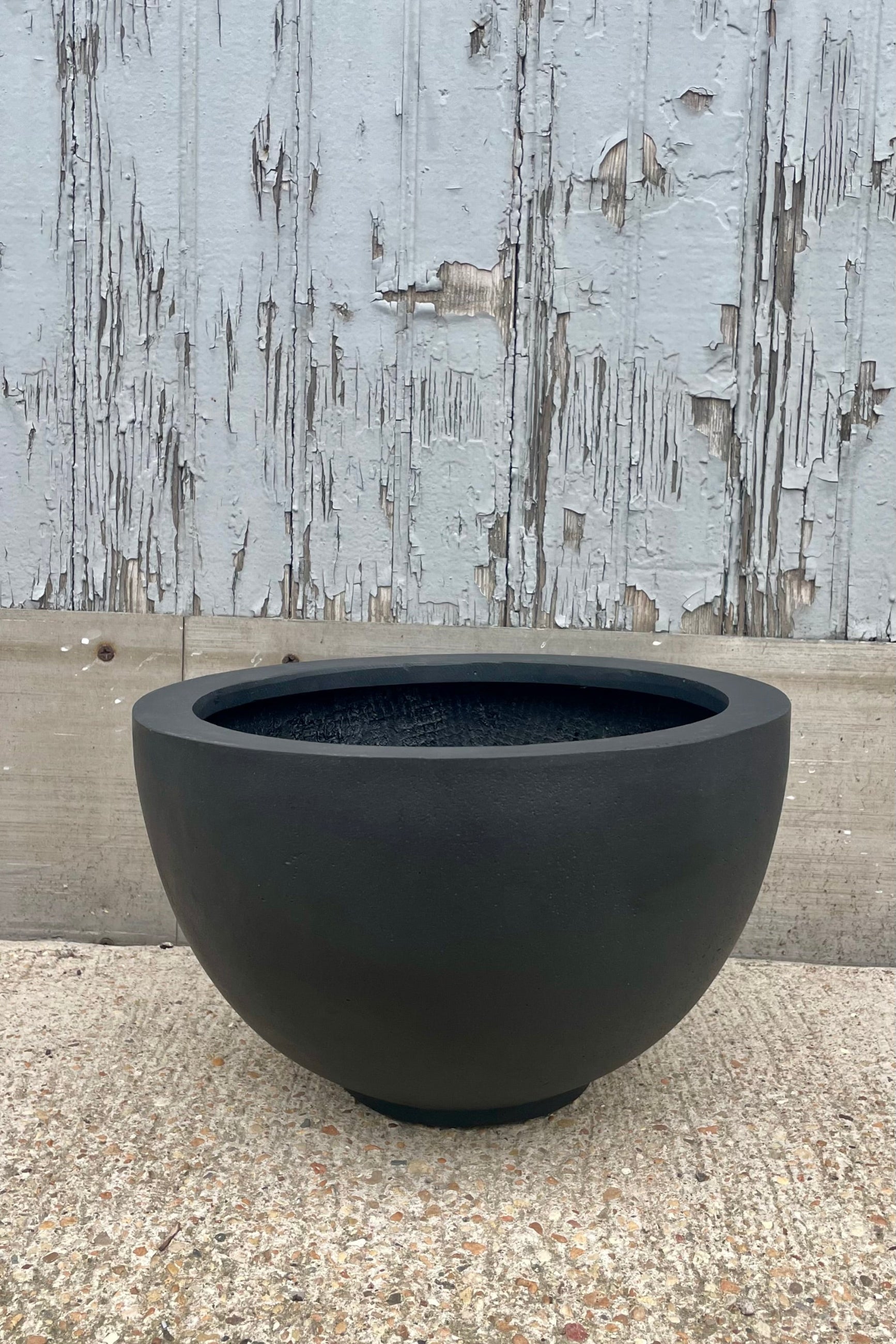 A bowl shaped black planter in front of a wooden wall ©Sprout Home
