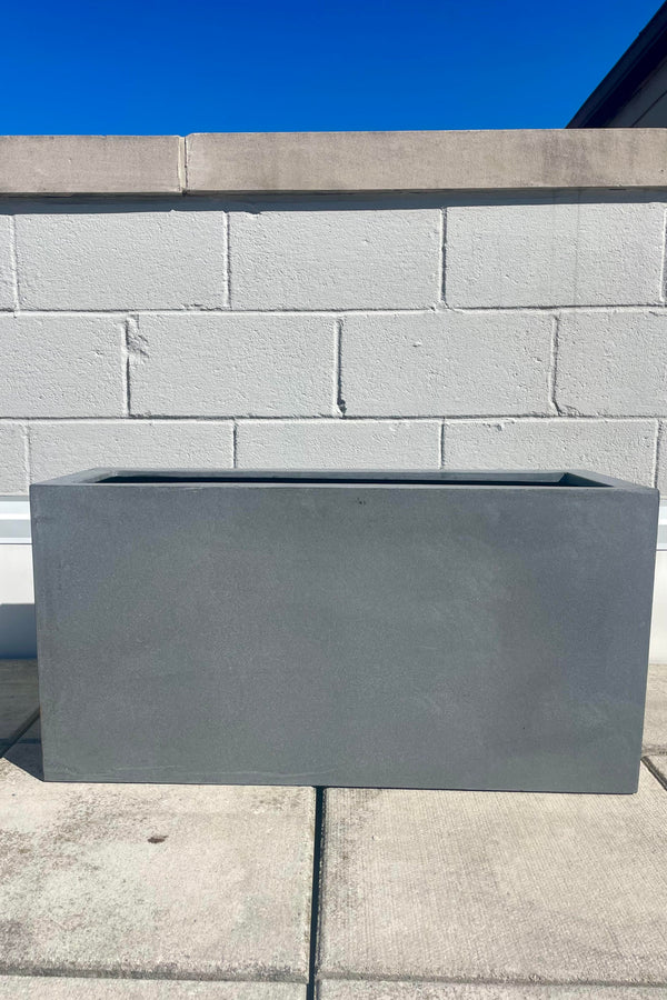 Photo of a grey rectangular planter against a brick wall which is a lighter gray. The bright blue sky appears above. This planter is called a Jort Planter.