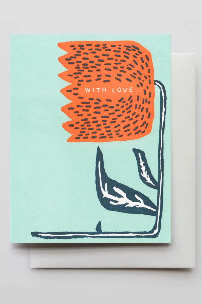 A pale blue greeting card with an orange flower graphic and the text "With love" ©Hammerpress