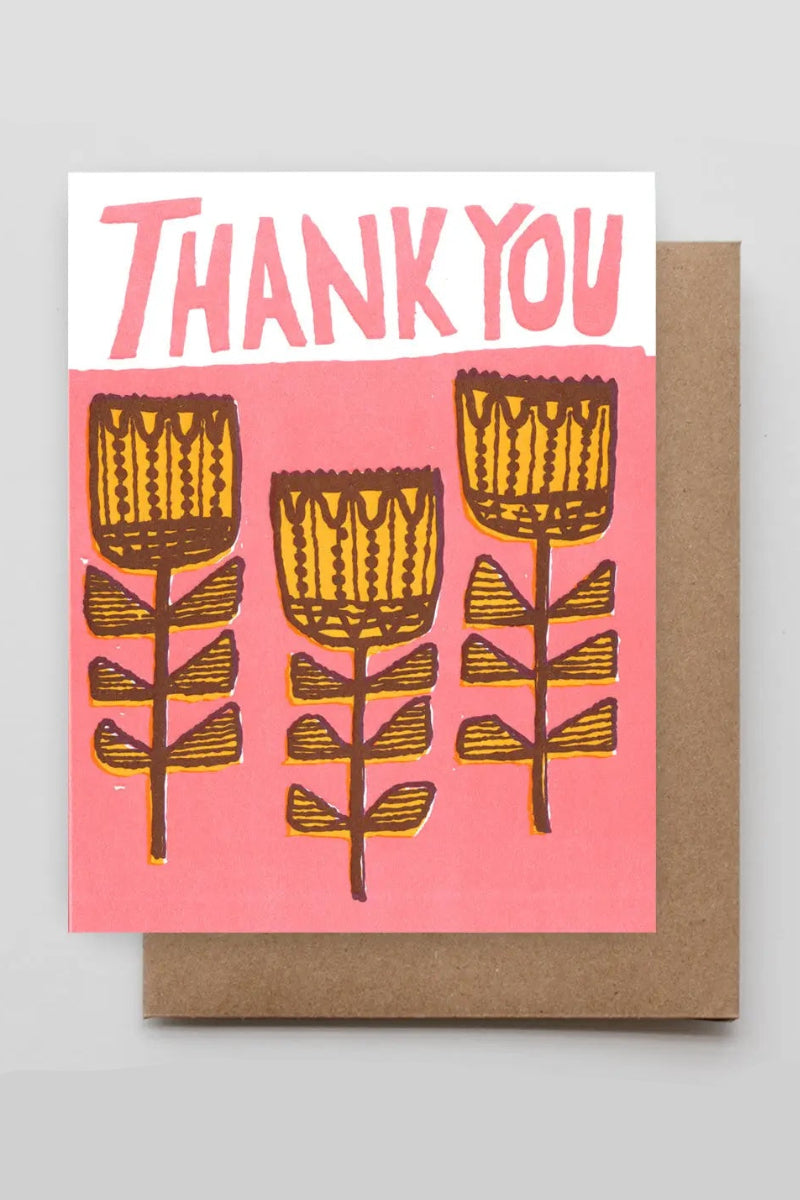 A pink and yellow card with floral drawings and the text "Thank you" on a white background ©Hammerpress