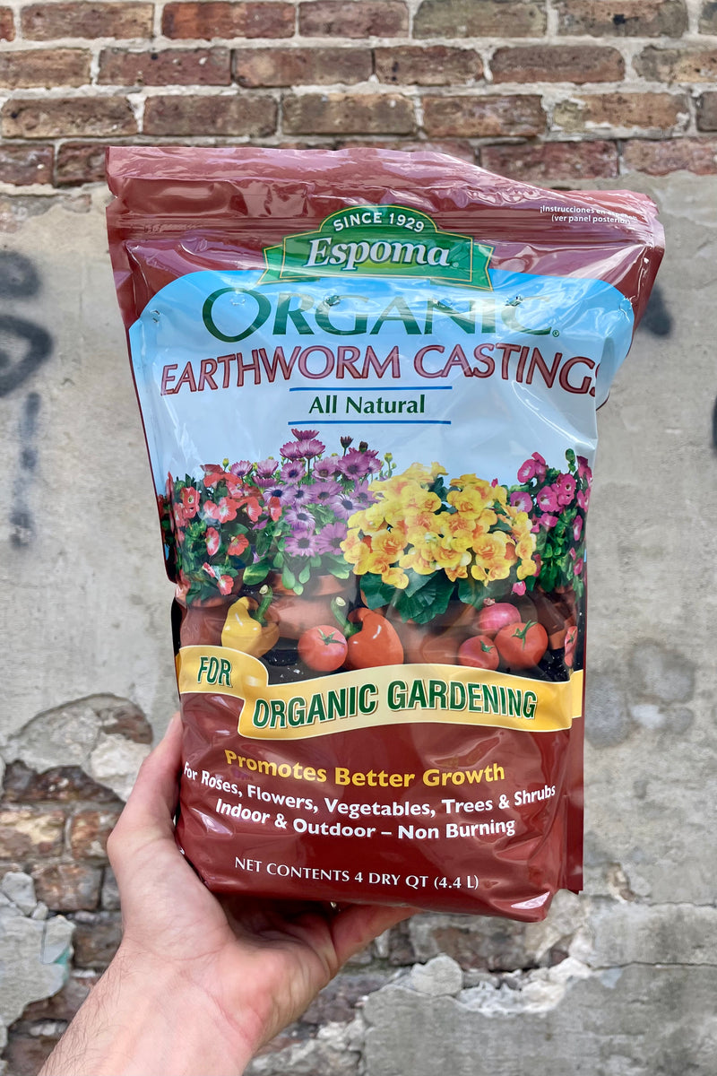 Photo of a hand holding a plastic bag of Earthworm castings against a brick and cement wall. The bag is maroon with a central band of illustration showing flowers and vegetables as well as the product's name. Below is a golden band with font reading "for organic gardening." The contents and volume are printed at the bottom of the bag.