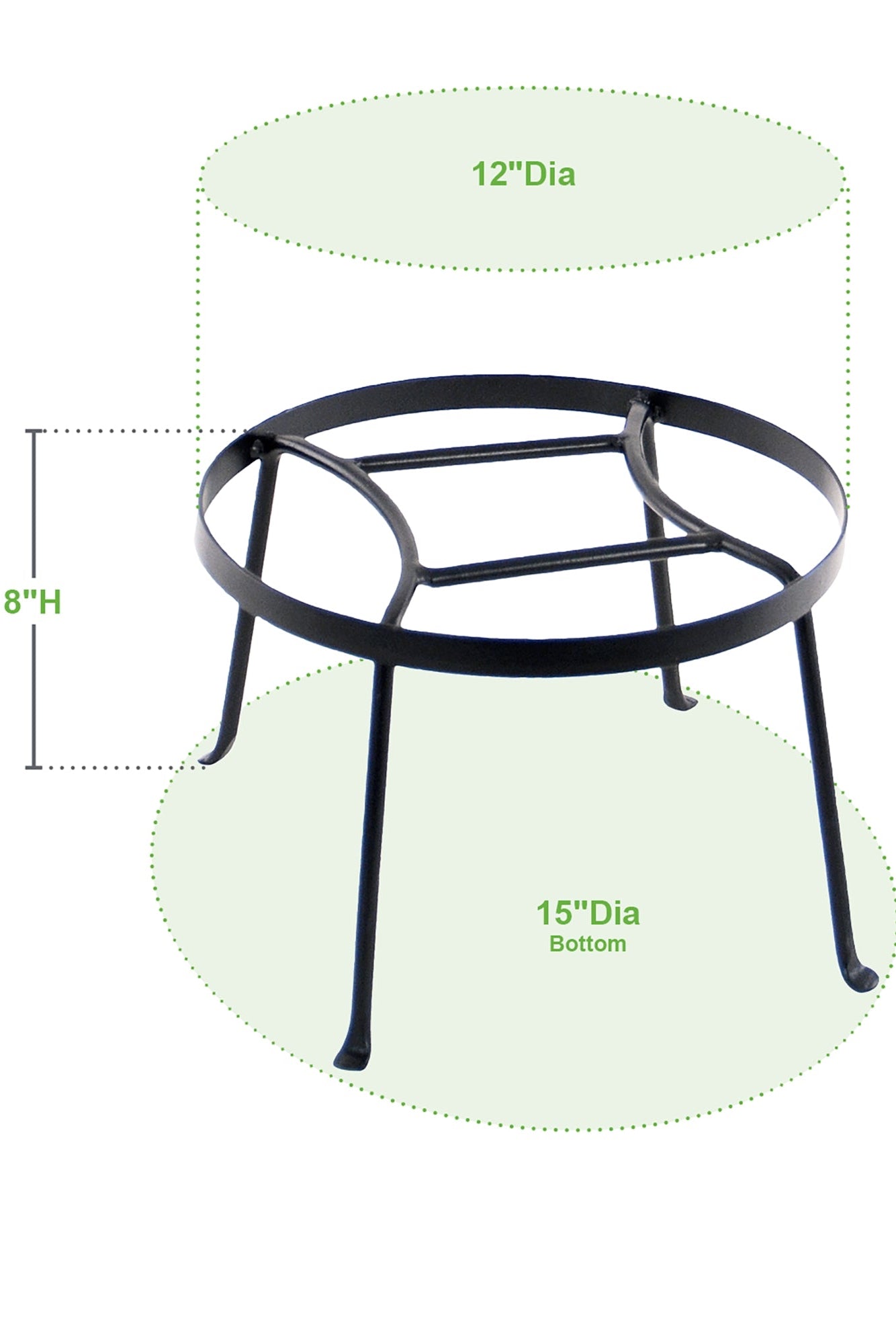 Black metal table base with dimensions on a white background, featuring the ©Achla Designs