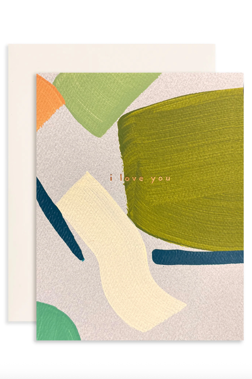 Abstract painstrokes on a greeting card in front of a white background. The words "I Love You" are embossed. Greeting card at ©Sprout Home