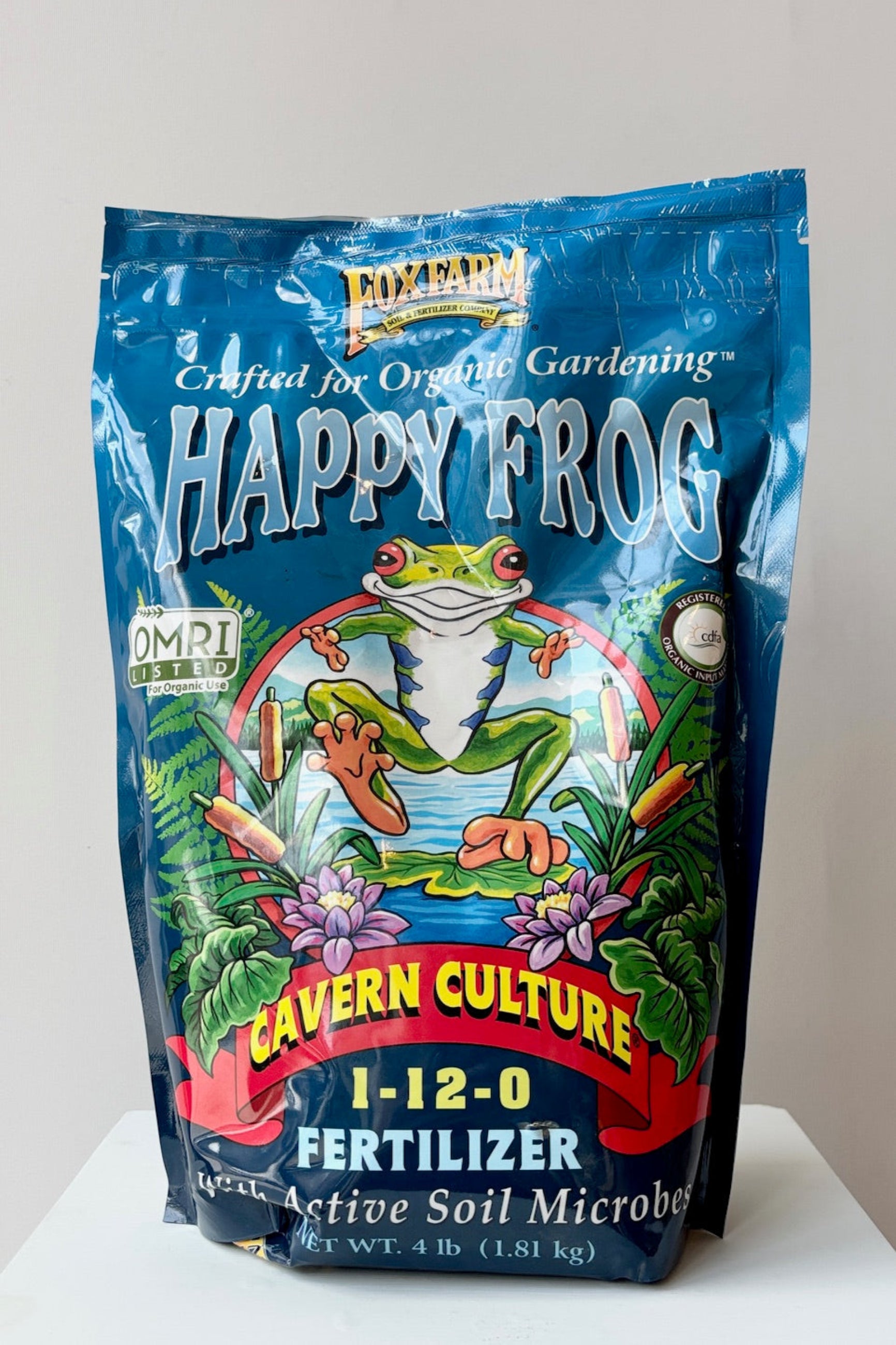 Happy Frog Cavern Culture fertilizer with active soil microbes in a 4 pound bag displayed against a white background ©Sprout Home