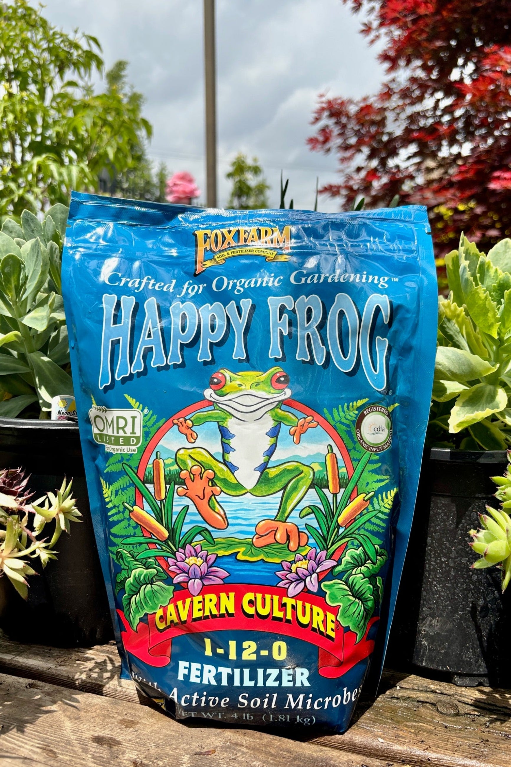 Happy Frog Cavern Culture fertilizer in a 4 pound bag displayed in a garden ©Sprout Home