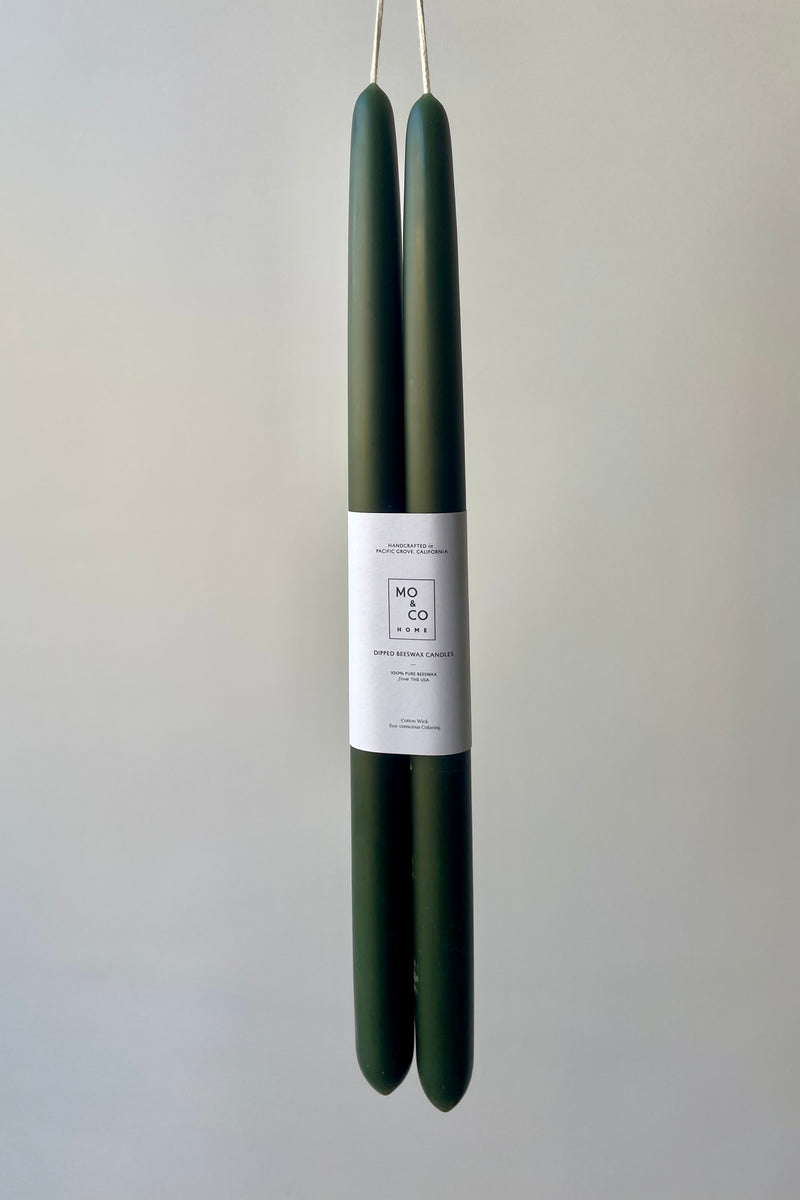 Photo of forest green beeswax taper candles against a white wall