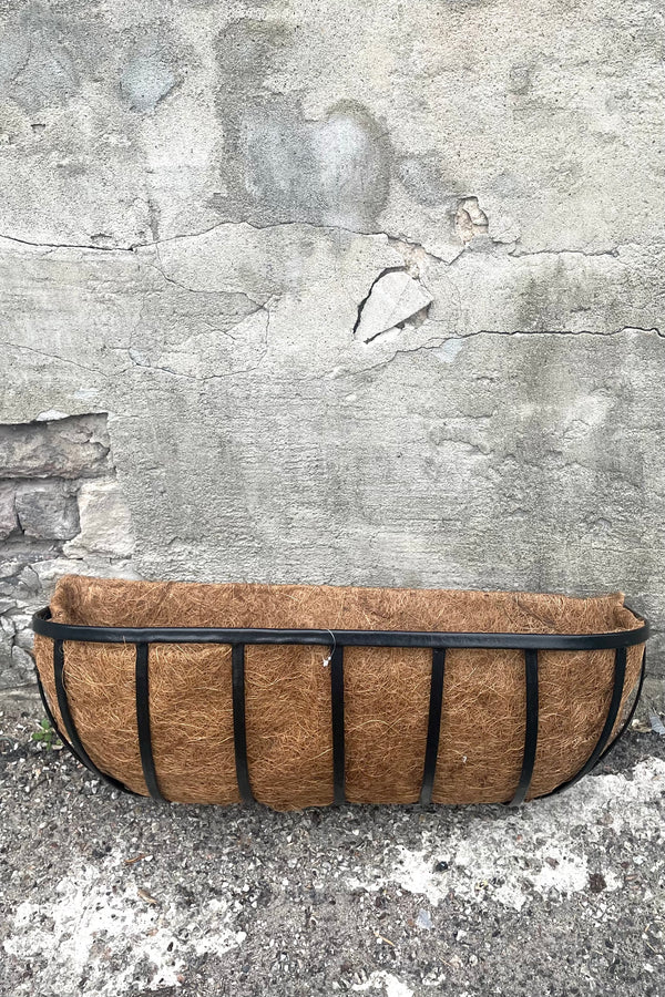 A full frontal view of Forge Wall Trough with Coco Liner 24" against concrete backdrop