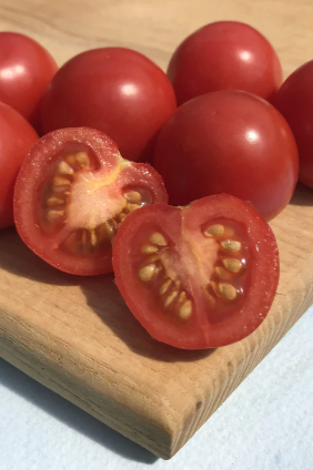 Fox Cherry tomato whole and sliced on a wood plank by Hudson Valley Seed Company