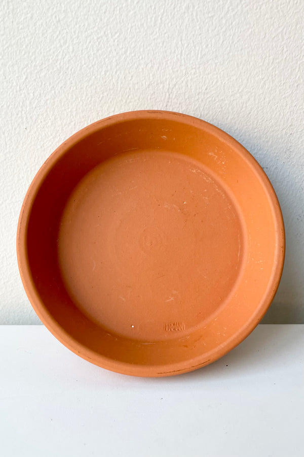 Clay red saucer to fit a standard 4" terracotta pot sitting against a white wall. 