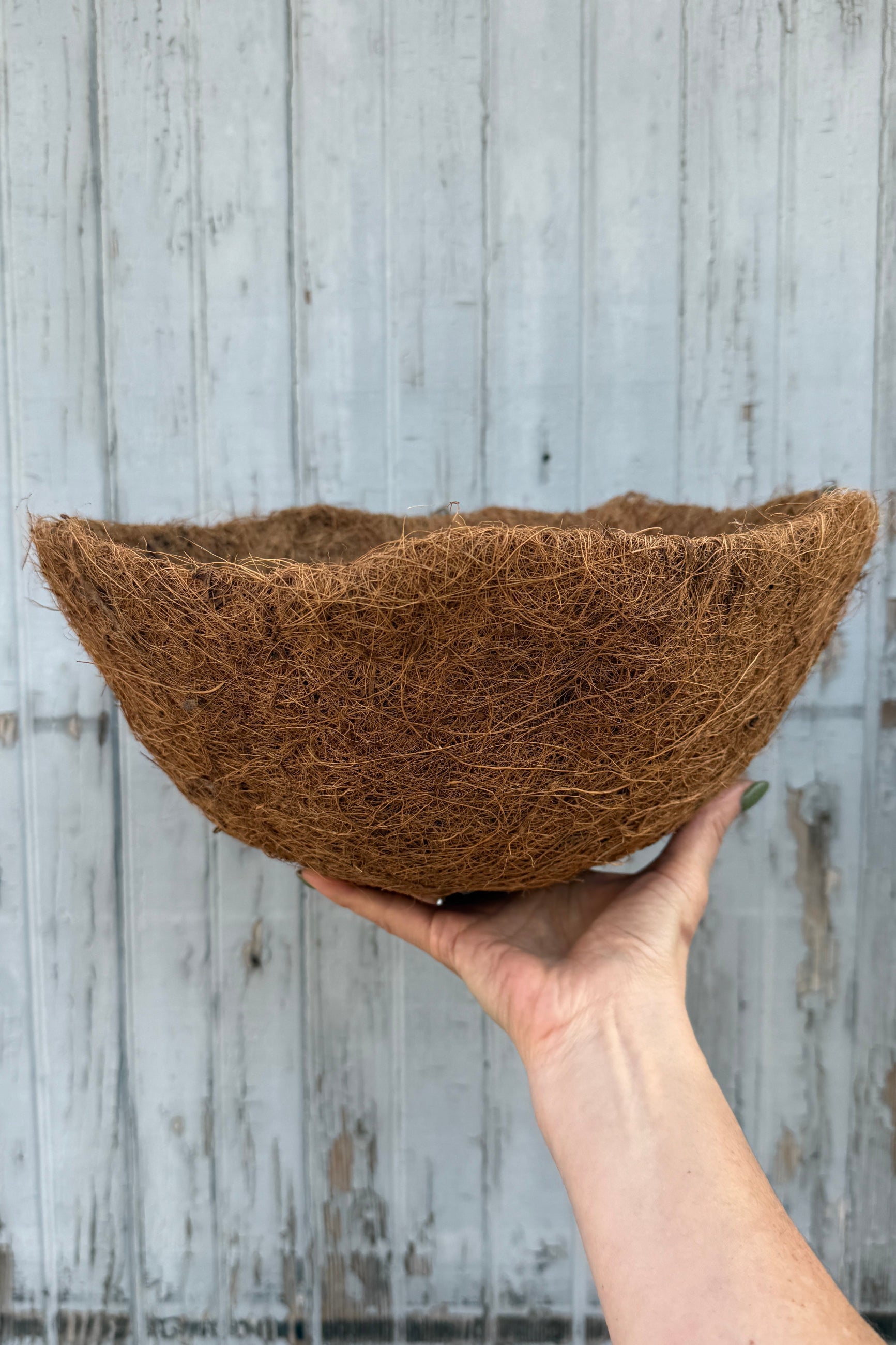 Hand holding a brown coco  fiber basket against a wooden background ©Sprout Home