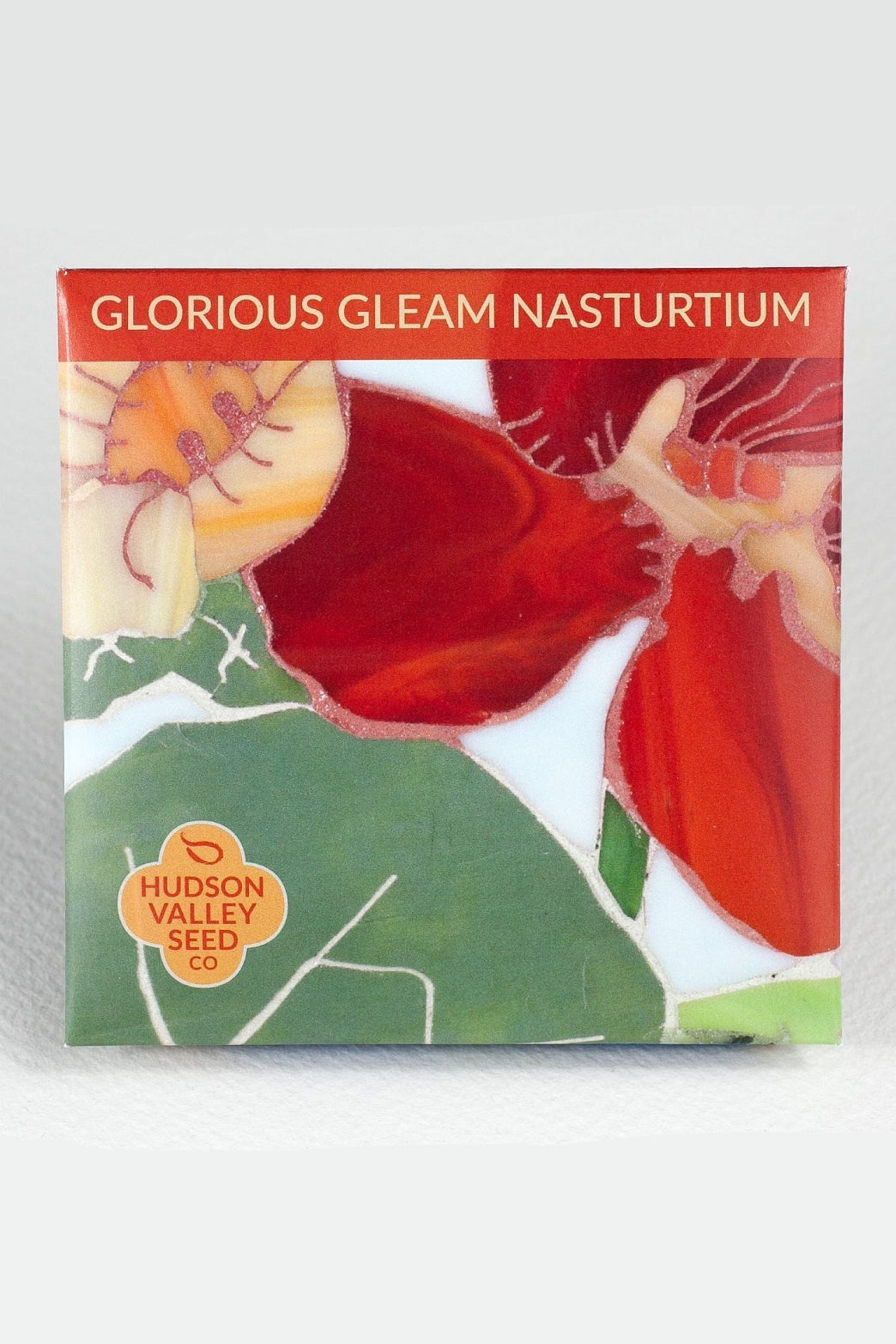 Hudson Valley Seed Co. seed packet with red nasturtium flowers on a white background ©Hudson Valley Seed Co.
