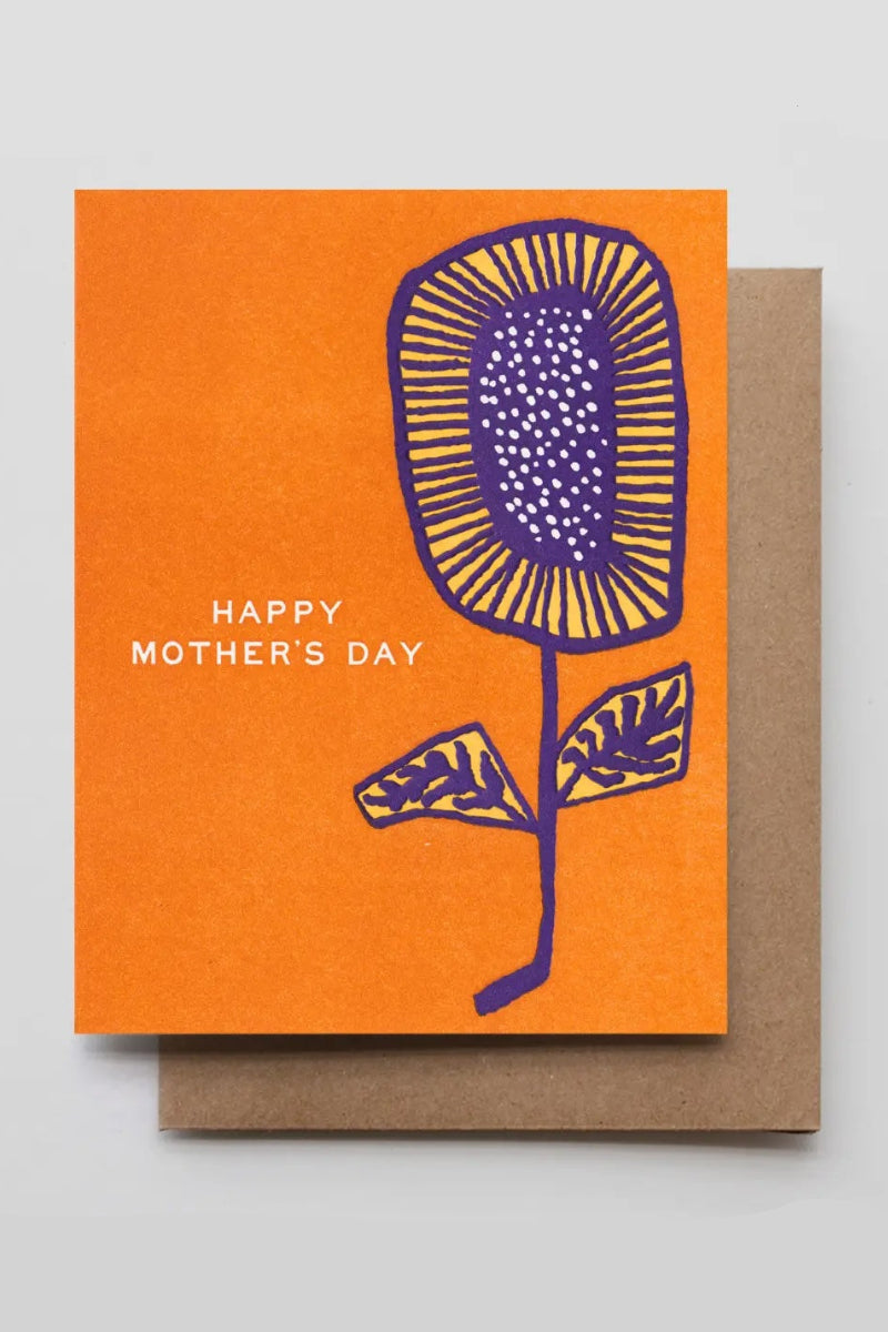 An orange greeting card with a purple floral graphic and the text "Happy Mother's Day" ©Hammerpress