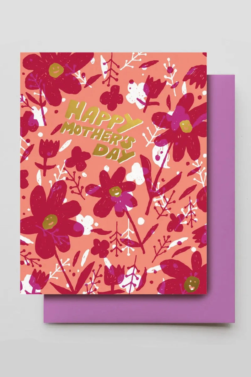 A greeting card with red and pink flowers and gold text "Happy Mothers Day" ©Hammerpress