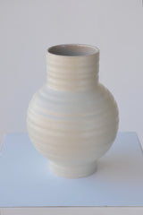 Essential Light Grey ceramic vase in Large showing the horizontal ridges.