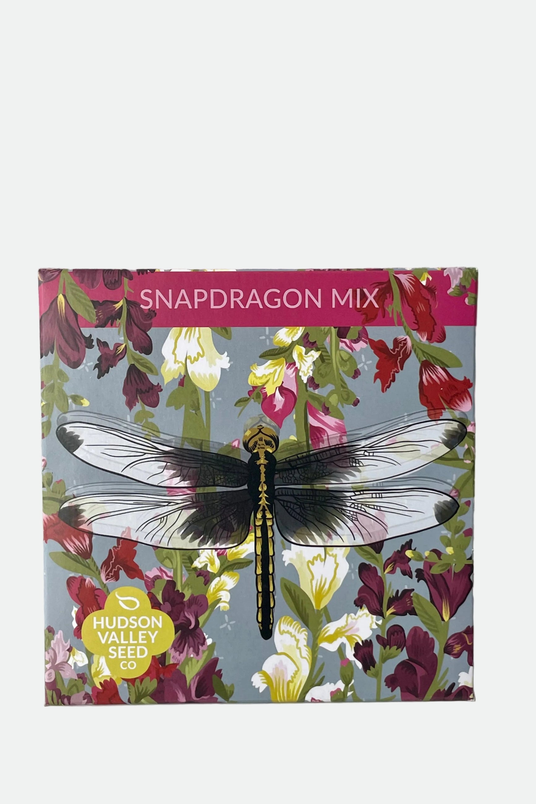 Packaging of Snapdragon Mix Seeds featuring an artistic design with flowers and a dragonfly. ©Sprout Home