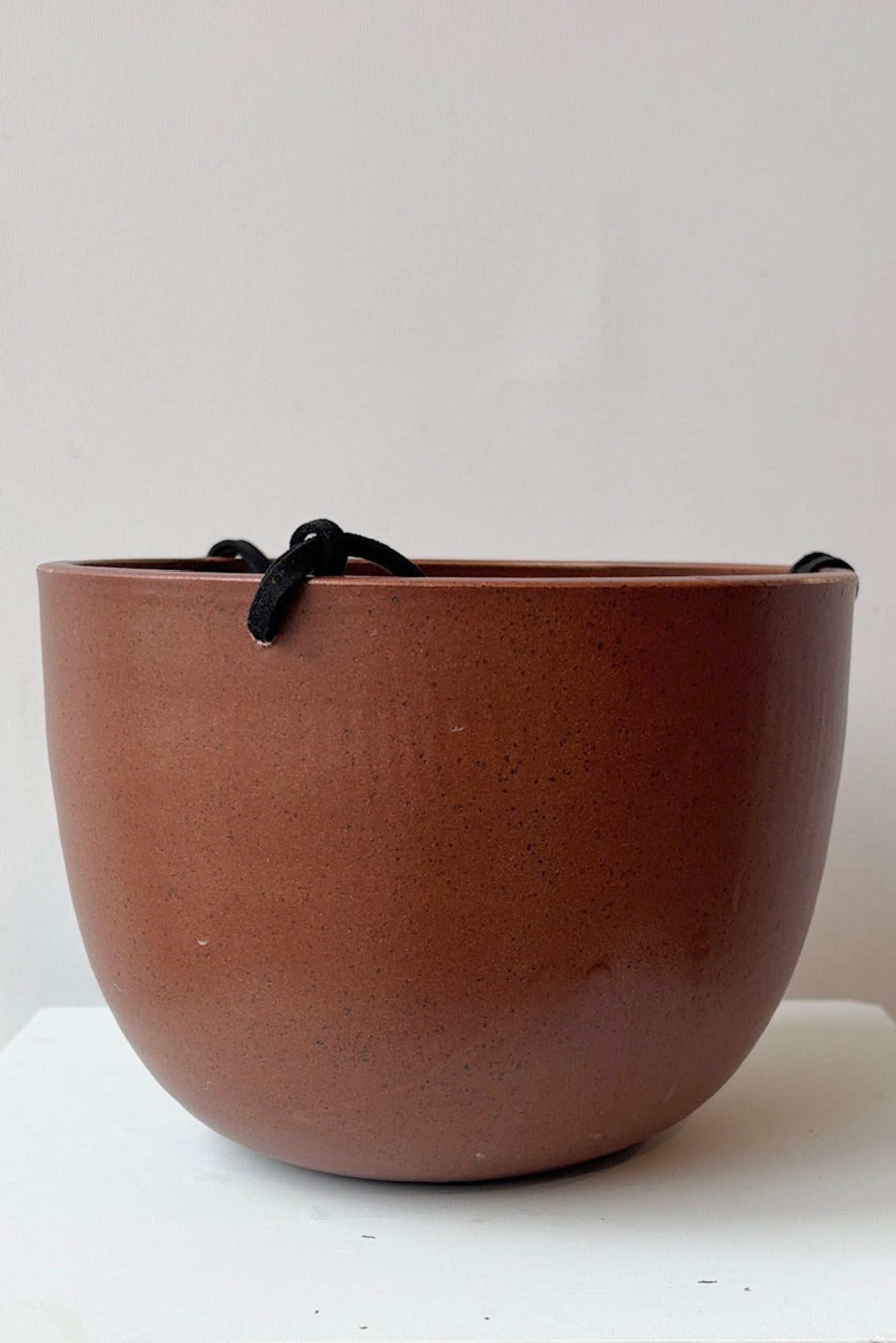 Brown ceramic hanging pot with black speckles and a black cord on a white surface ©Sprout Home 