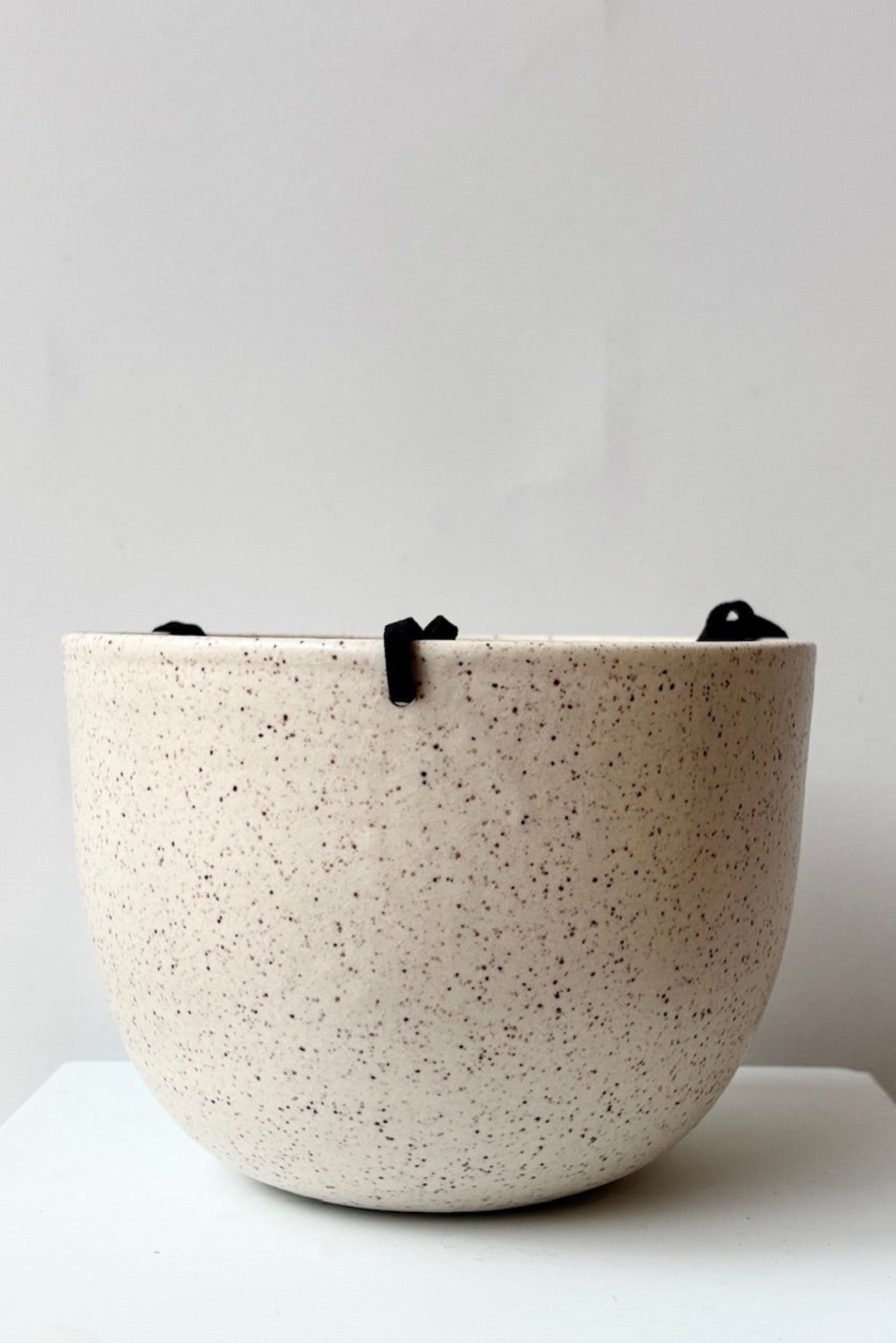 Speckled ceramic hanging pot on a white surface with a light gray background ©Sprout Home