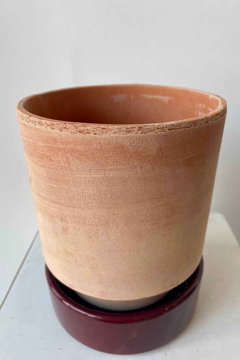 Photo of a Hoff Pot and saucer on a white table in a white room. The pot is rosa clay and sits within a deep burgundy glazed saucer.