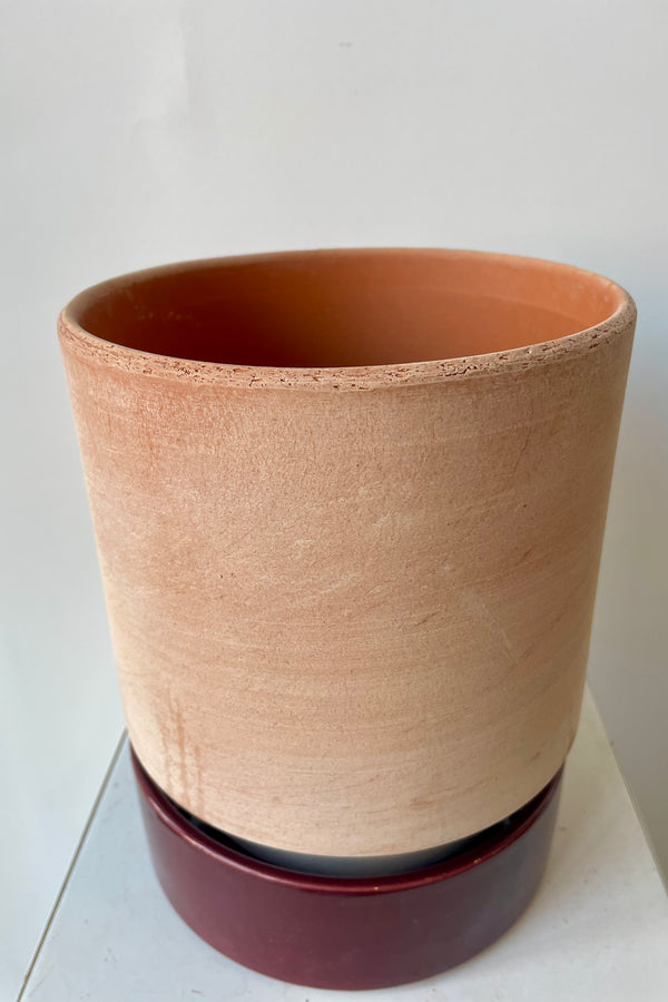 Photo of a Hoff Pot and saucer on a white table in a white room. The pot is rosa clay and sits within a deep burgundy glazed saucer.