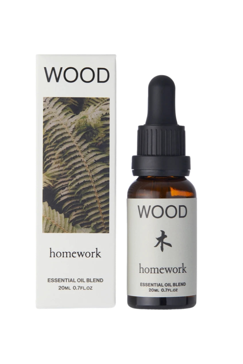 Wood Essential Oil showing the bottle and its packaging by Homework