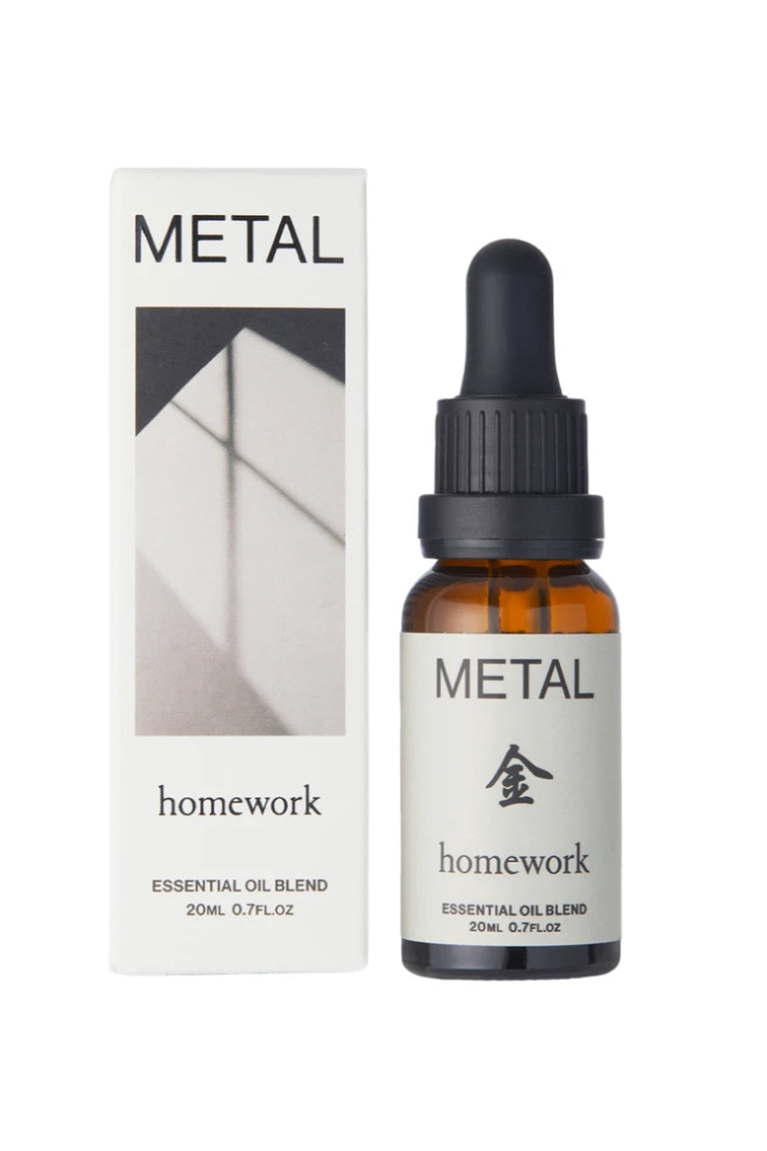 Metal Essential Oil showing the packaging and the dropper by Homework. 