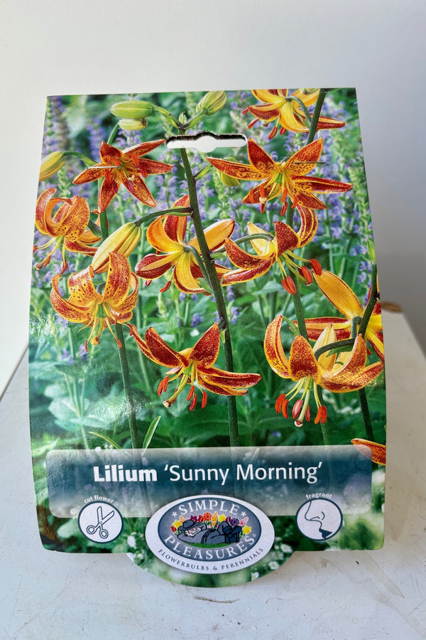 Front of packaging with photo of red and yellow downward facing Lillium flowers on tall, slender green stems and logo with the text Simple Pleasures 