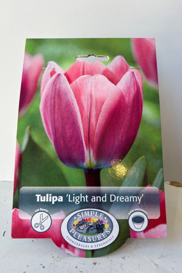 Front of packaging for Tulipa 'Light and Dreamy' with an image of a dark pink tulip with white along the edges and a logo with the text Simple Pleasures