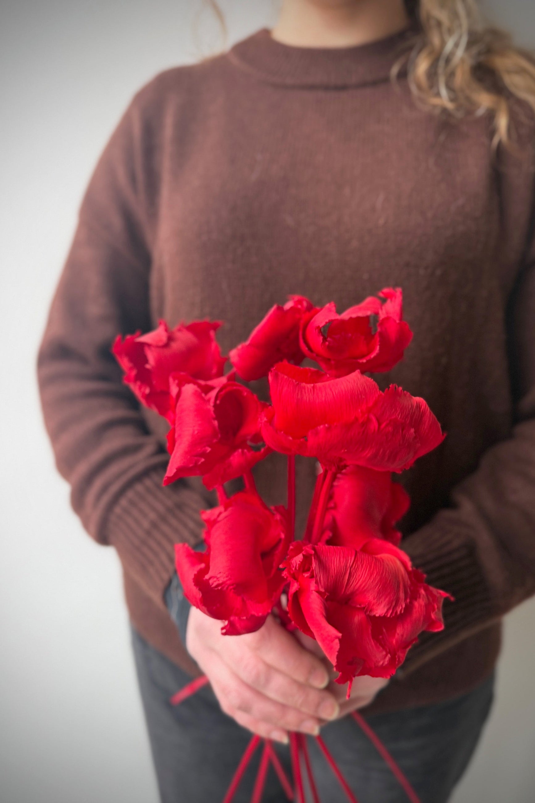 Person holding a bouquet of red palm cap flowers against a neutral background  ©Sprout Home