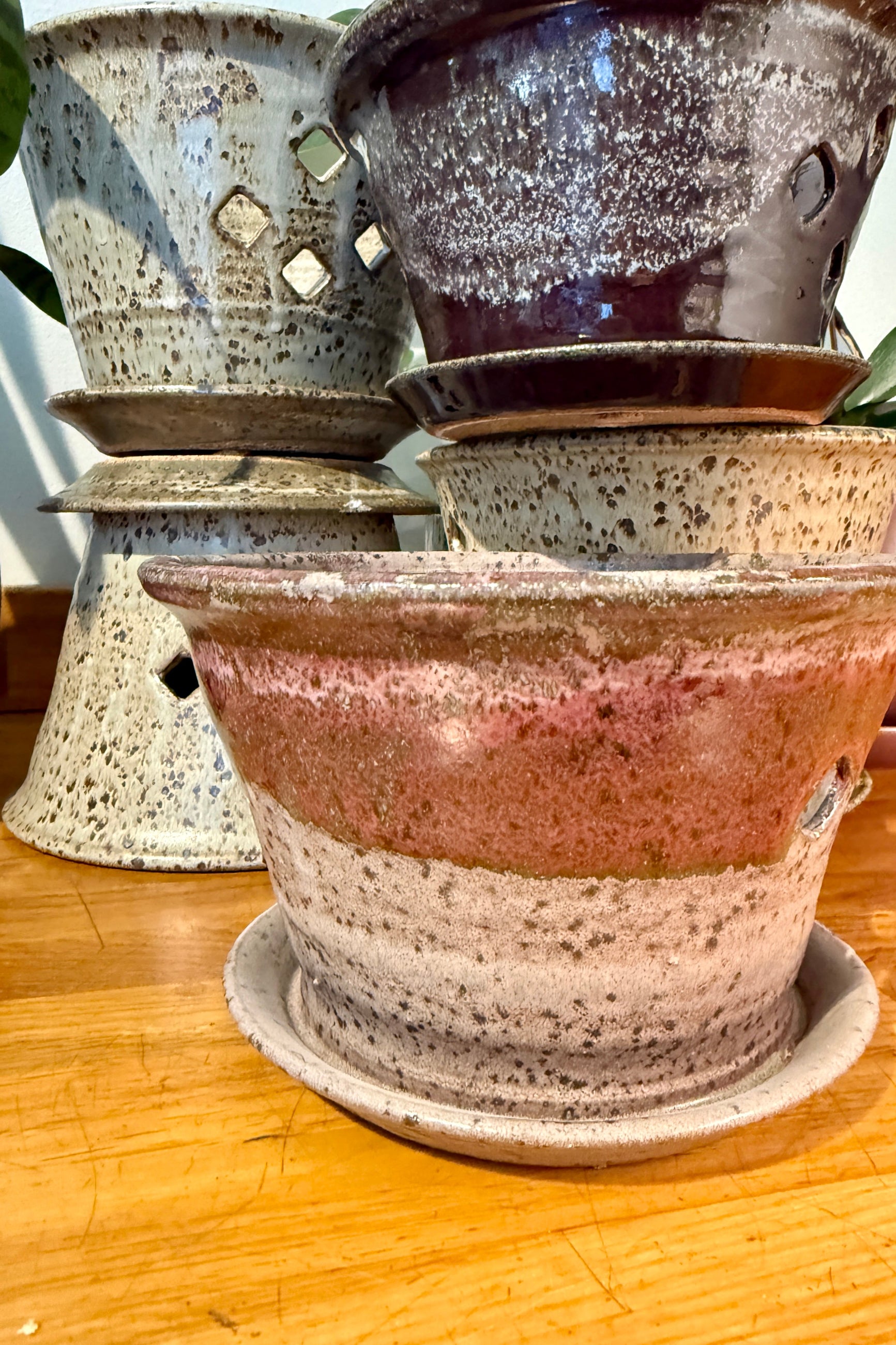 Set of Bruning Pottery ceramic orchid plant pots with textured surfaces on a wooden surface ©Sprout Home