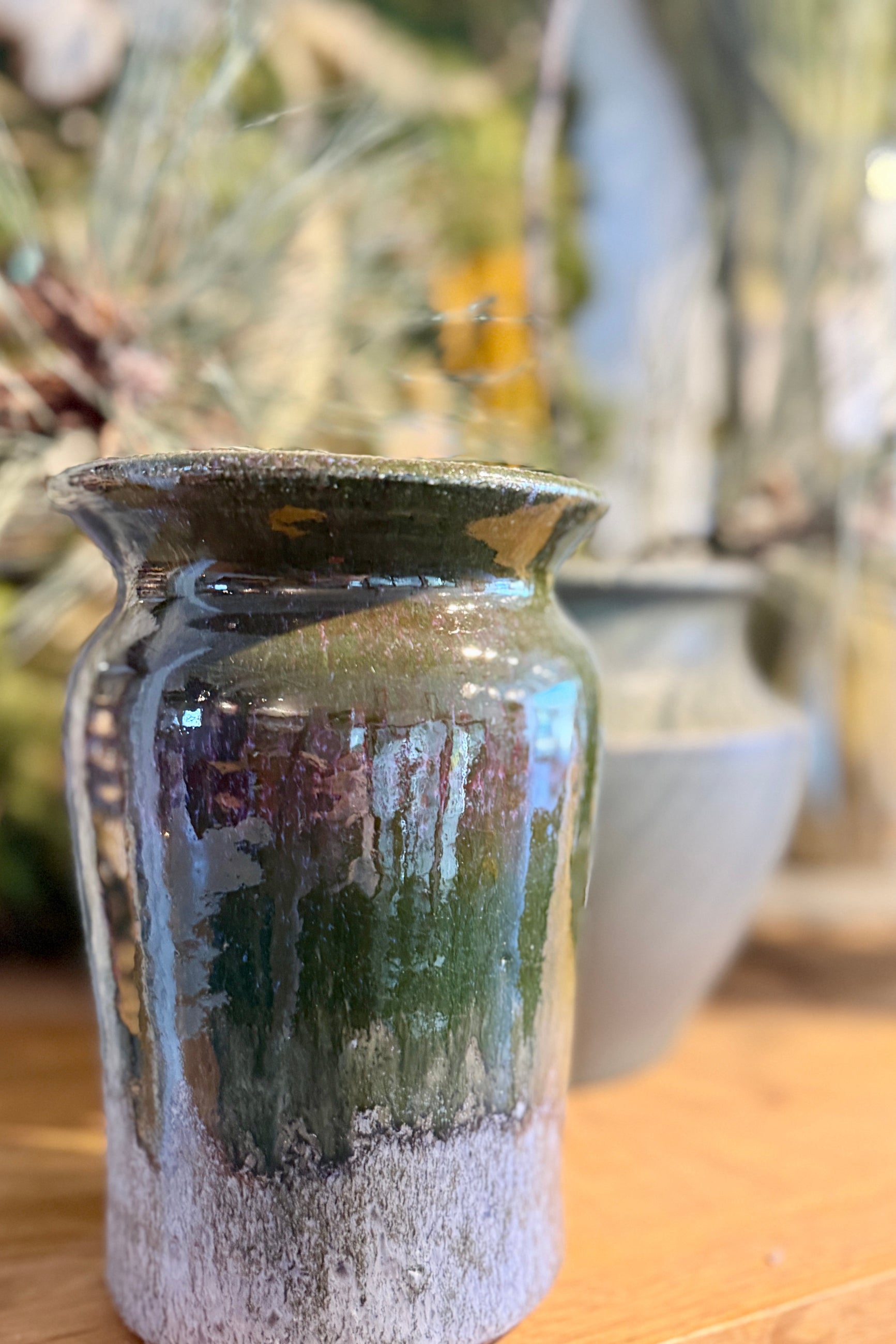 Bruning Pottery Vase with a  green and snow glaze with a hint of purple ©Sprout Home
