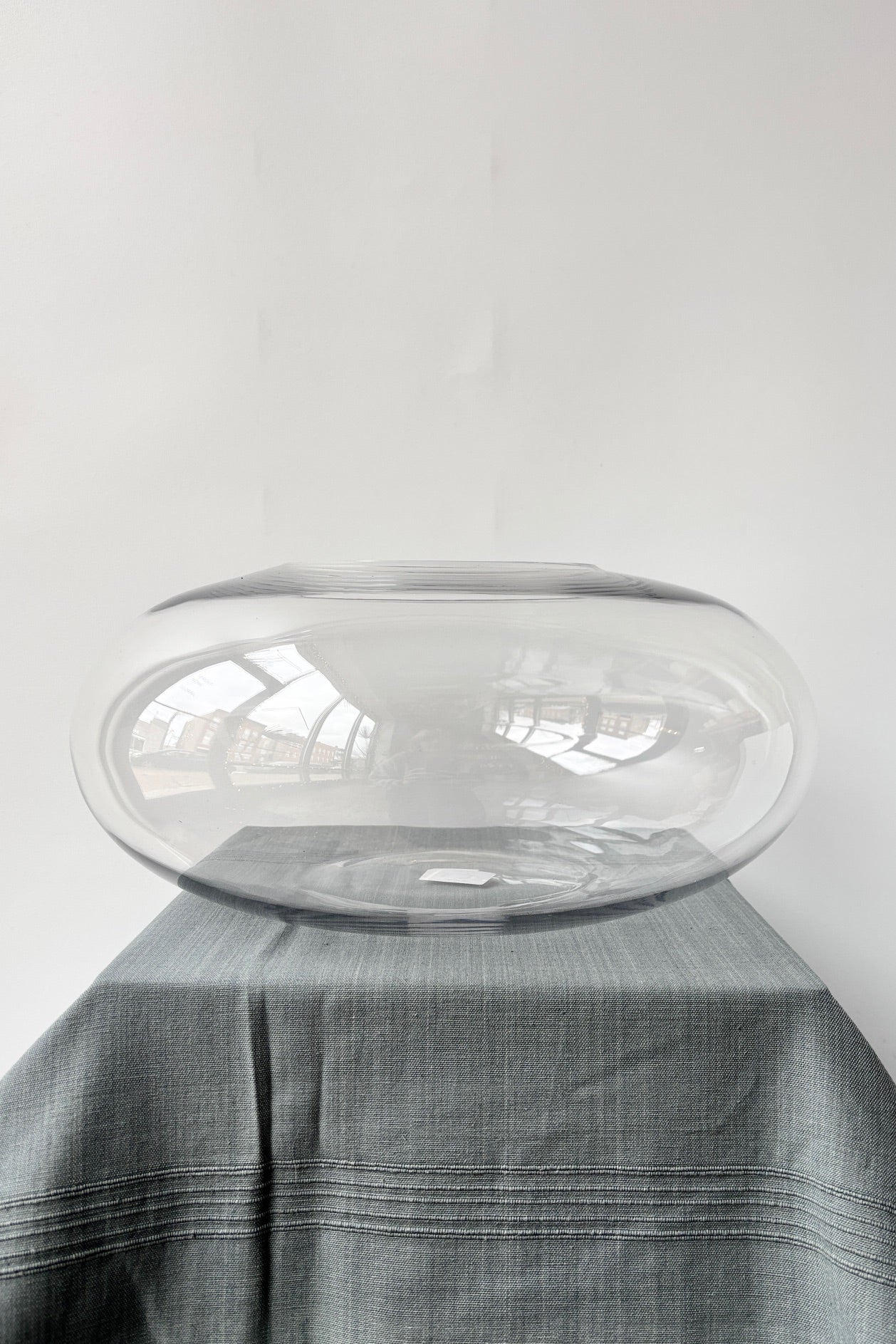 Clear glass Oblate terrarium on a grey surface against a white background. ©Sprout Home