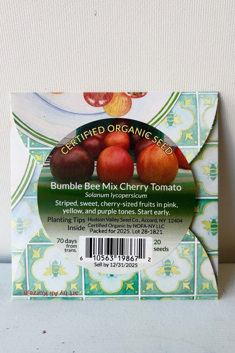 Backside of Seed Pack for Bumble Bee Mix cherry tomatoes against a white background