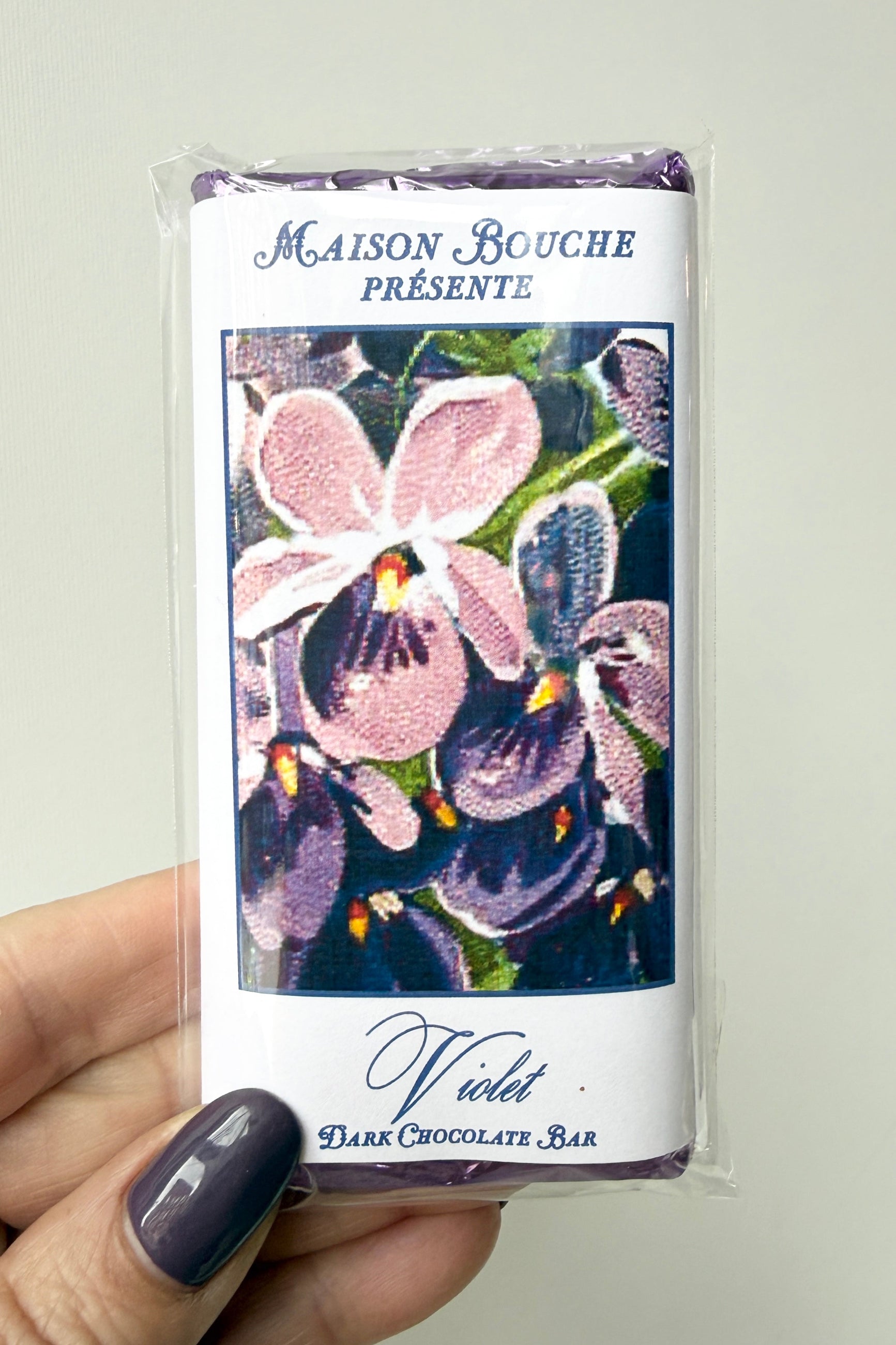 Violet Dark Chocolate Botanical Bar being held in hand ©Sprout Home
