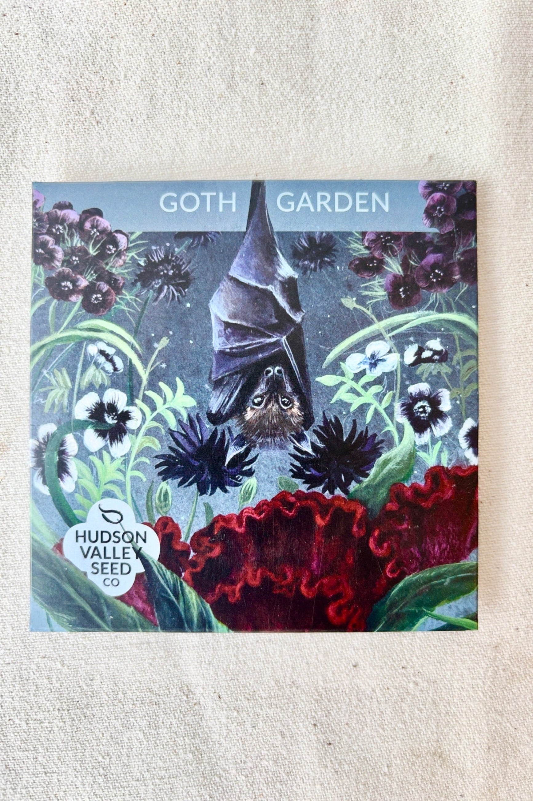 Front of Goth Garden seed pack against a white background