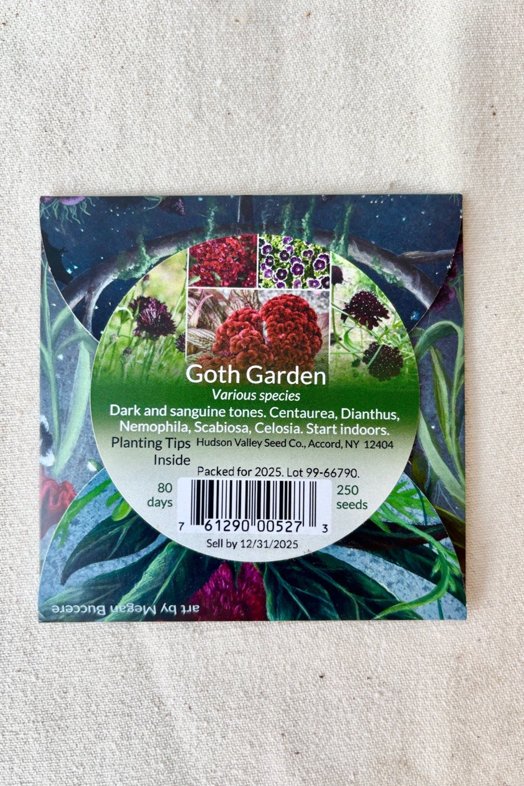 Back of Goth Garden seed pack against a white background