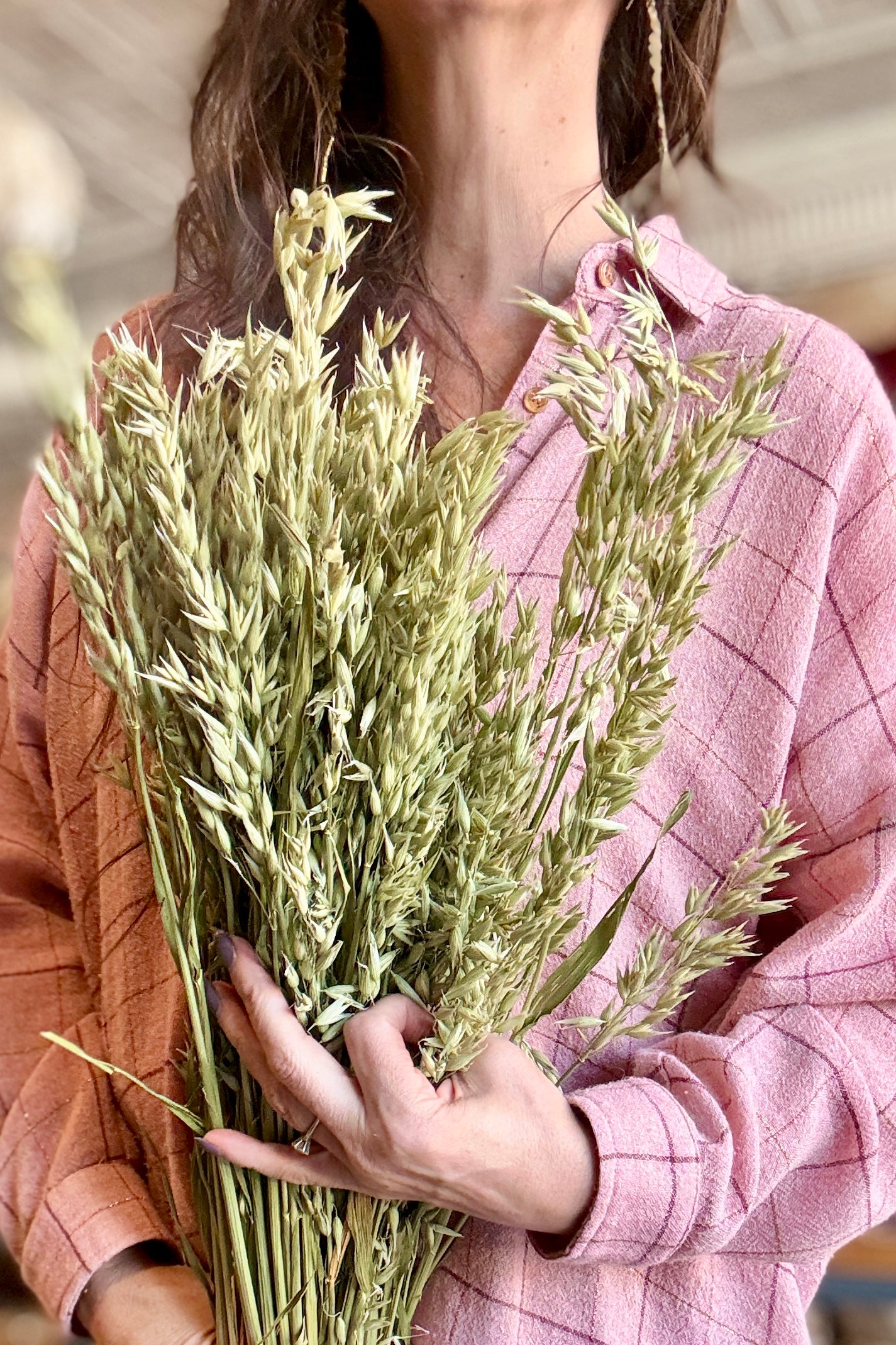 Person holding a bouquet of dried avena grasses with a blurred background ©Sprout Home
