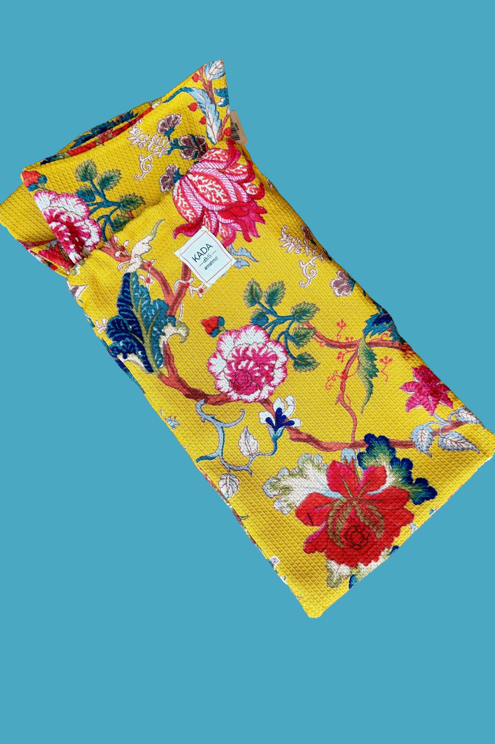 Waffle Cotton Beach Towel w/ Pouch Yellow Fleur on blue background ©Sprout Home