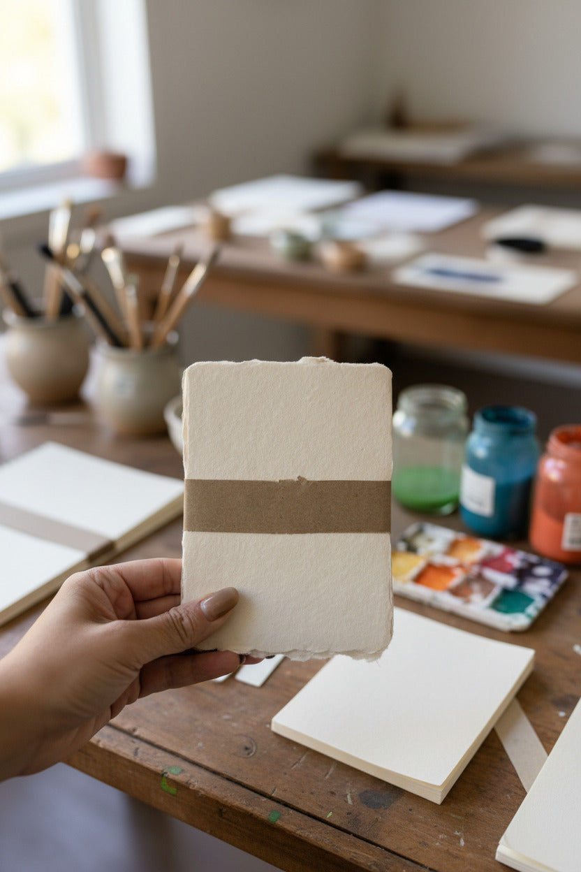 Hand holding a Handmade Buff Paper Sheet Set in A2 with a brown band by Sustainable Paper + Craft against a white background ©Sprout Home