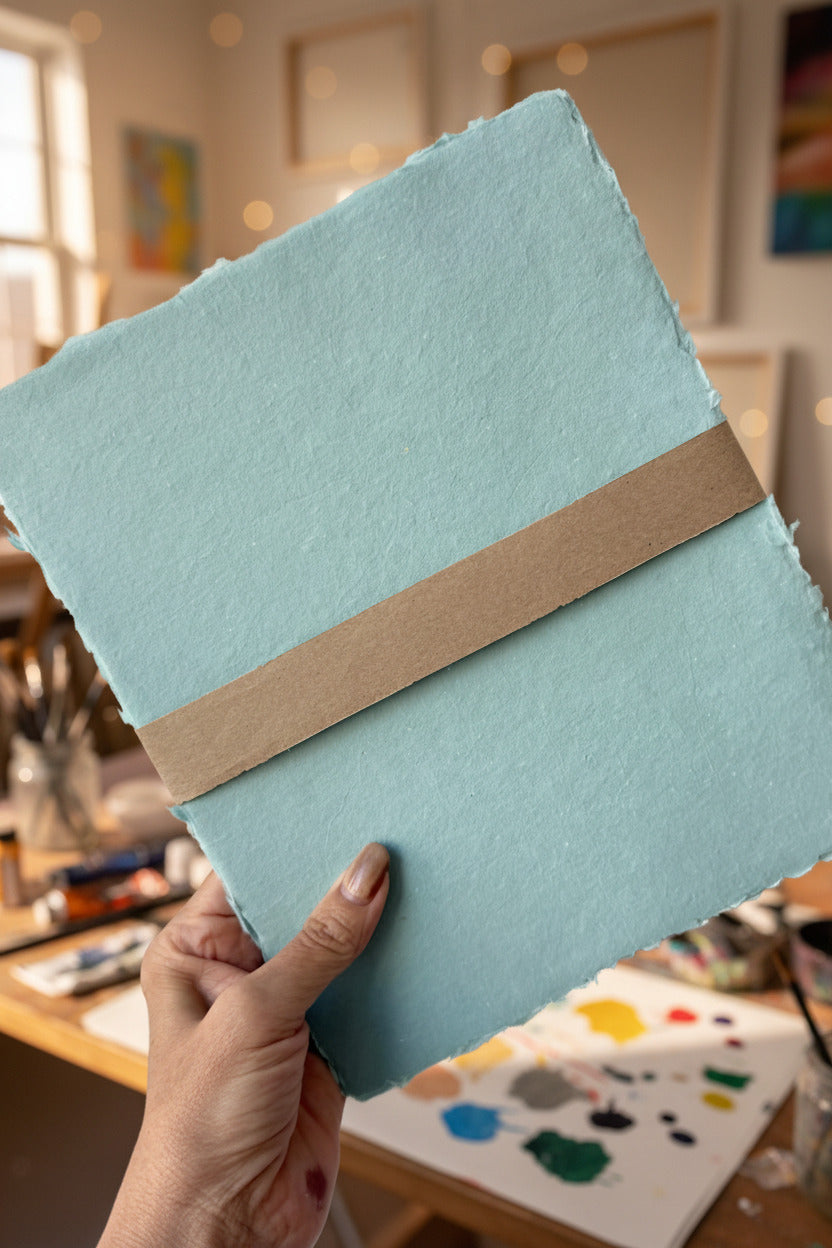 Light blue Handmade Celadon Paper Sheet Set in 8x10 by Sustainable Paper +Craft held by a hand on a light gray background ©Sprout Hme