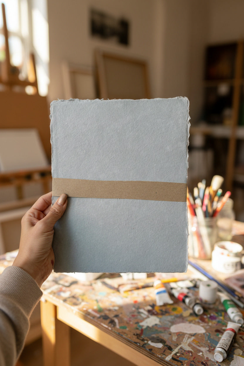 Handmade Paynes Grey Paper Sheet Set in 8x10 by Sustainable Paper + Craft held by a hand on a white background ©Sprout Home
