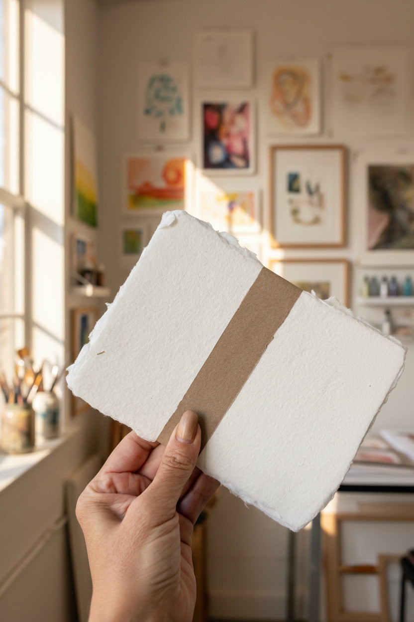 Handmade Natural White Paper Sheet Set in 5 x 7" handmade by Sustainable Paper & Craft being held against a white background ©Sprout Home