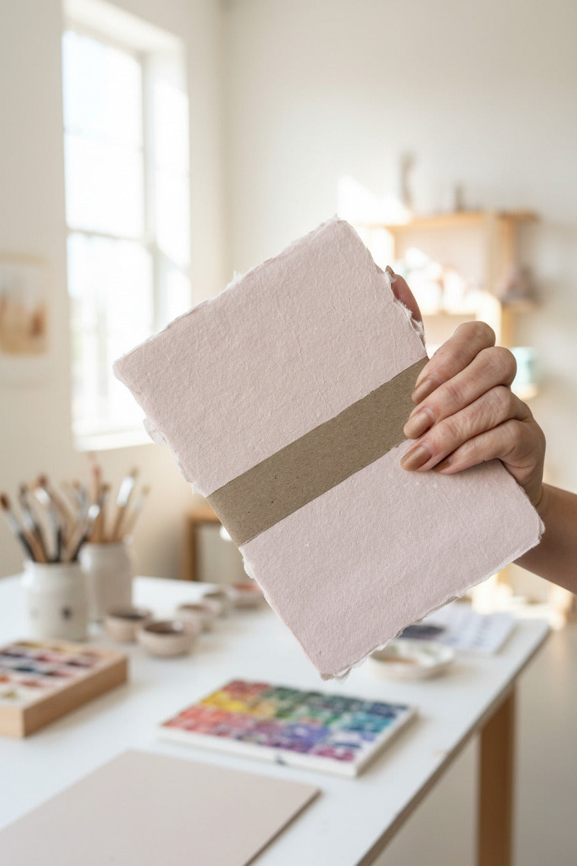 Hand holding a Handmade Blush Paper Sheet Set in 5 x 7" by Sustainable Paper & Craft against a light gray background