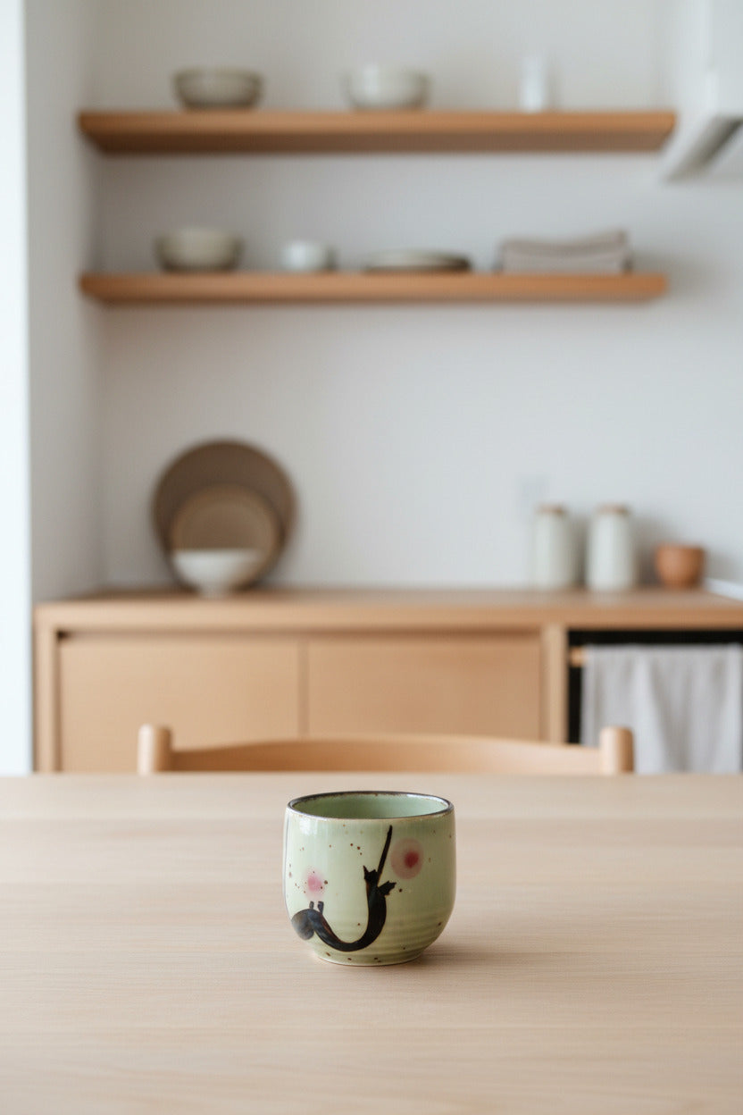 Mashiko Plum Sake Cup on a wood table in a kitchen ©Sprout Home