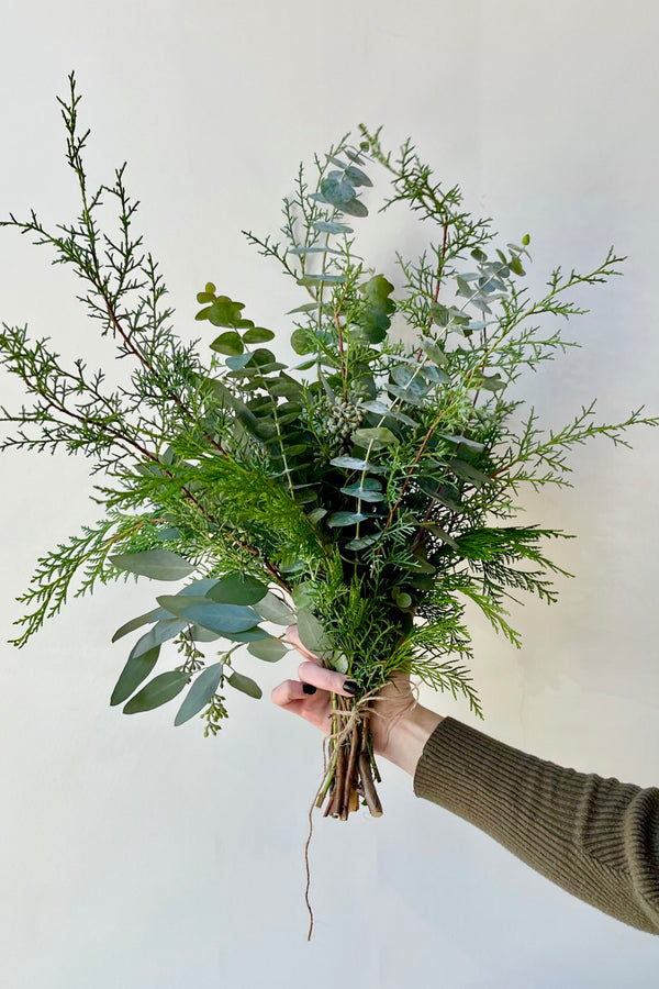 Hand holding a mixed greenery bouquet with eucalyptus, cypress, cedar tied with twine against a white wall. 