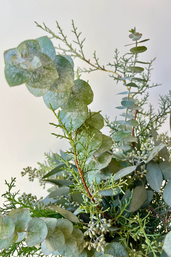 Detail of the mixed greenery bouquet with eucalyptus, cypress, cedar tied with twine against a white wall. 