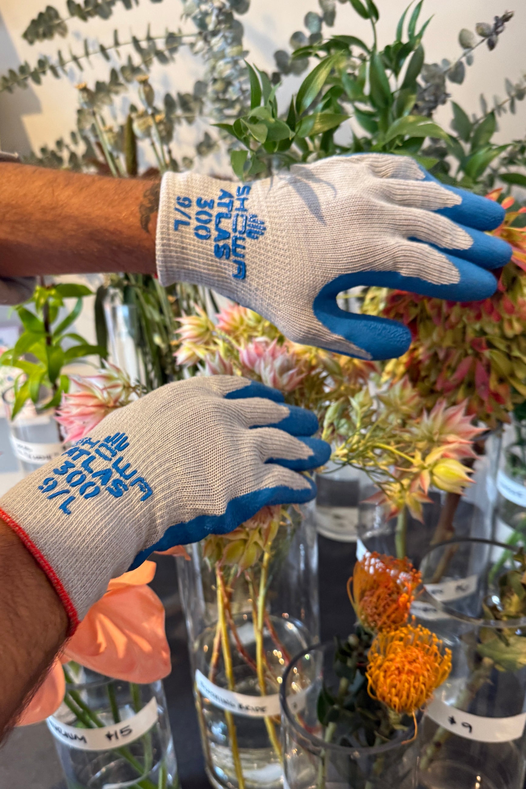 A pair of white knit work gloves with blue rubberized palms and fingers, featuring blue text that reads 'FALCON 500 3/4 LUNG' and 'FALCON 500 9/4 LUNG', being worn by a person handling flowers in glass vases. ©Sprout Home