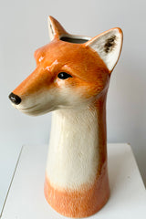 Top view of a ceramic vase in the shape of an orange and white fox head against white background.