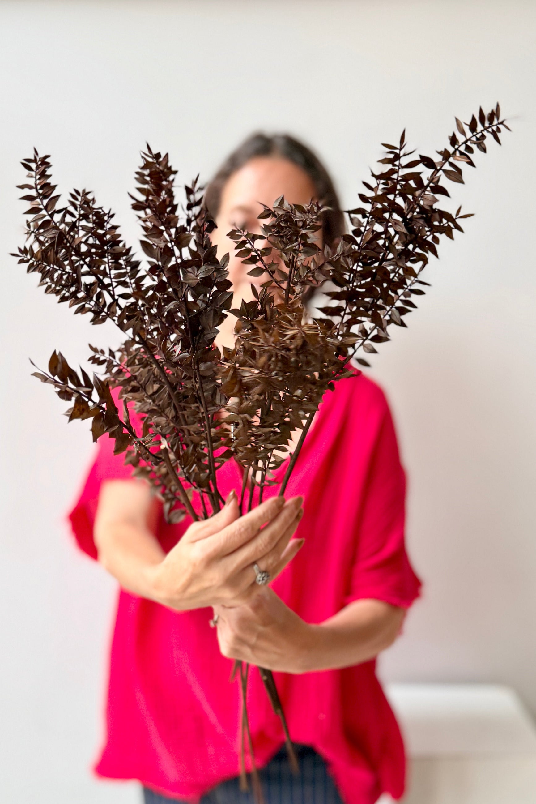 A person in a bright pink top holds a Ruscus Rust Color Preserved Bunch in front of their face against a plain white background. ©Sprout Home
