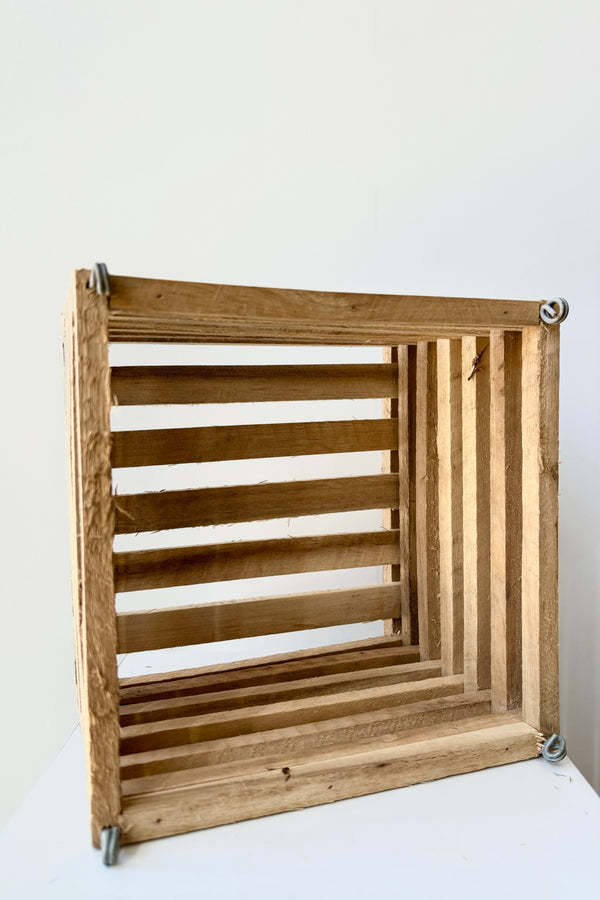 Interior view of a wooden slatted vanda basket with metal rings for string attachment, not included, against white background